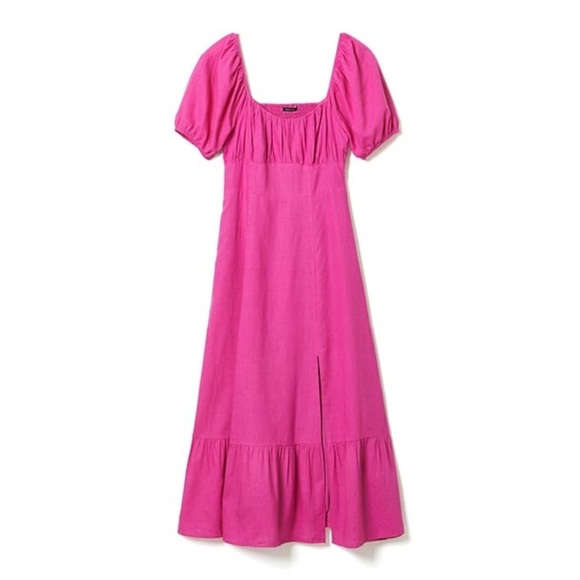 Short Puffy-Sleeve Square-Neck Linen Dress | Pink / Rose Violet | Size 14 | NWOT - Picture 2 of 14